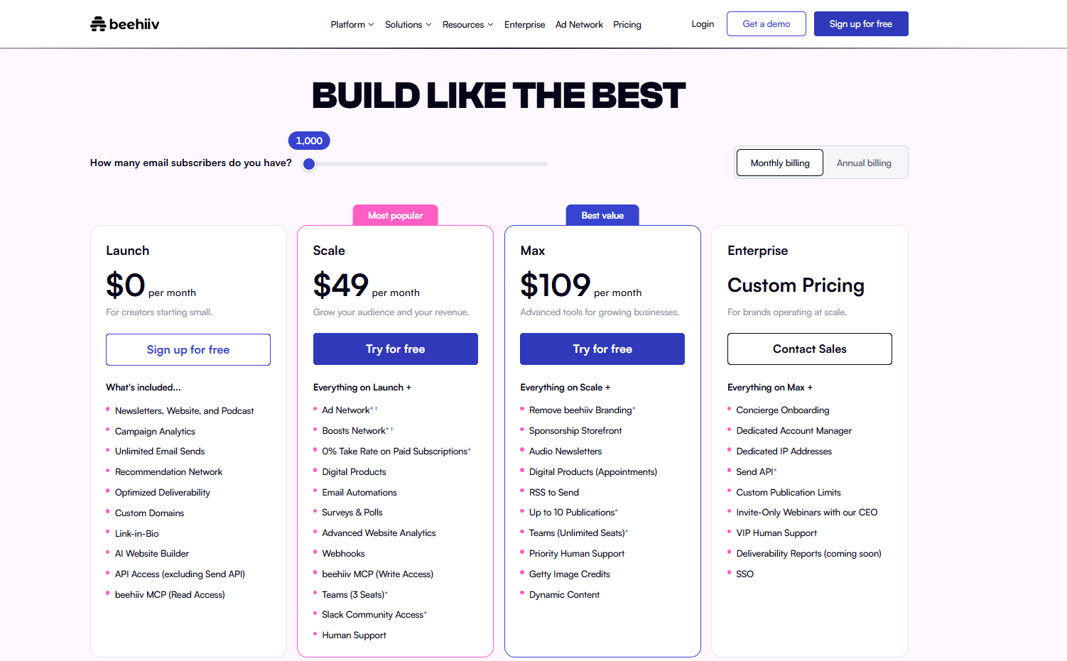 Screenshot of Beehive Pricing from Beehive Website