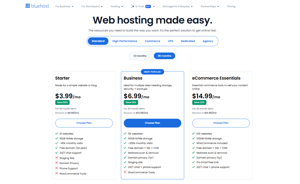 Screenshot of Bluehost Pricing Page
