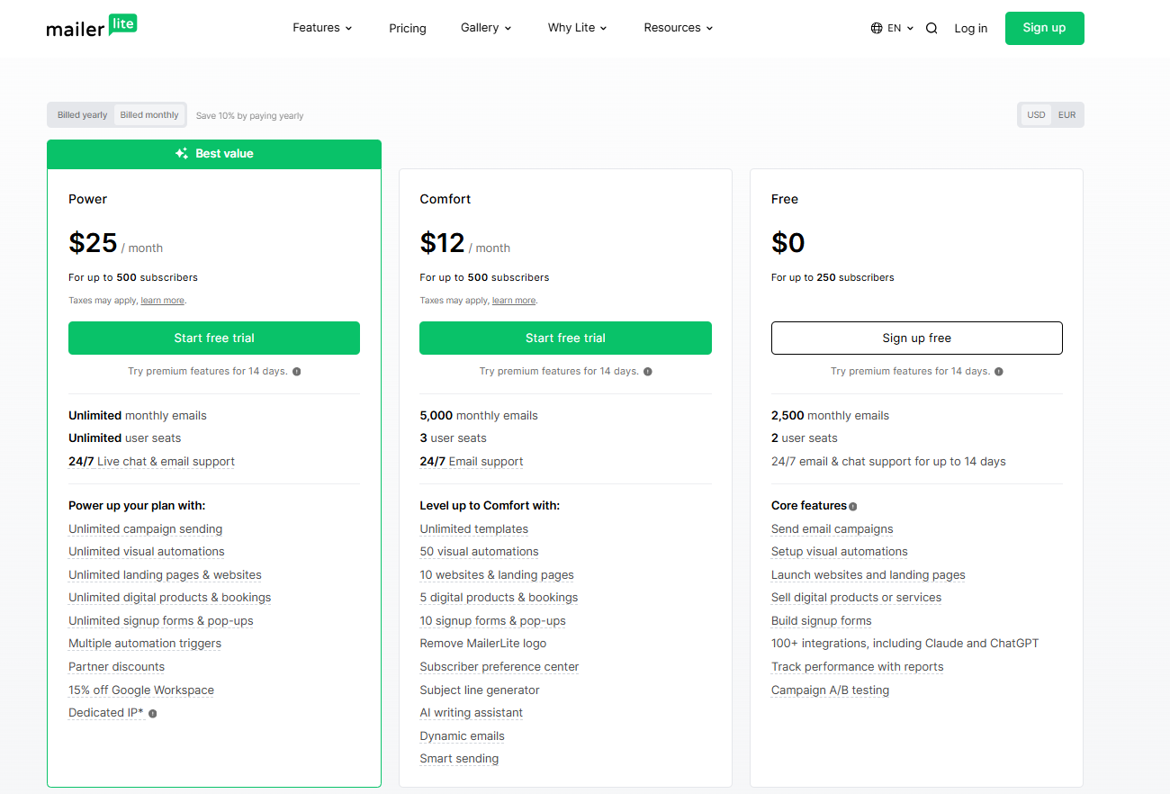 Screenshot of MailerLite Pricing from MailerLite Website