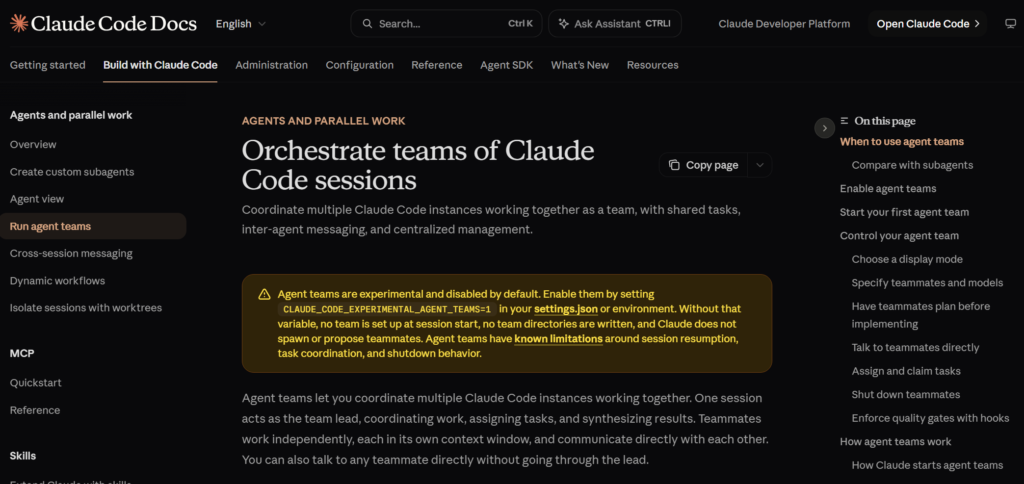 The Claude Code docs page on agent teams. A yellow warning box says agent teams are experimental and disabled by default, and that they have known limitations around session resumption, task coordination and shutdown.