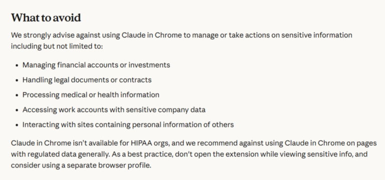 The "What to avoid" section of Anthropic's Claude in Chrome help page, listing five jobs to avoid — managing financial accounts or investments, handling legal documents or contracts, processing medical or health information, accessing work accounts with sensitive company data, and interacting with sites containing other people's personal information.