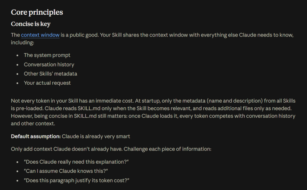 The Claude Platform Docs skill authoring best practices page, showing that only skill metadata is pre-loaded at startup and that SKILL.md is read only when the skill becomes relevant, with the section list naming progressive disclosure patterns, deeply nested references and structuring longer reference files with a table of contents.