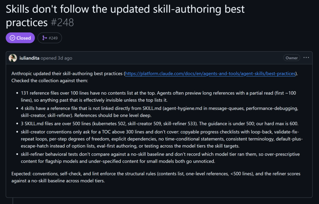GitHub issue 248 on the iuliandita slash skills repository, listing 131 reference files over 100 lines with no contents list, 4 skills with a reference file not linked directly from SKILL.md, and 3 SKILL.md files over 500 lines.