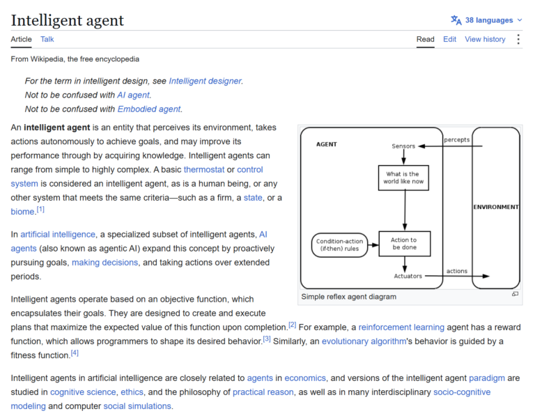 The Wikipedia Intelligent agent article stating that a basic thermostat or control system is considered an intelligent agent, beside a simple reflex agent diagram showing sensors, condition-action rules and actuators.