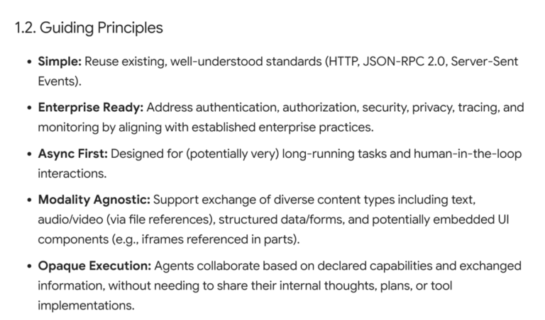 The A2A Protocol specification listing Opaque Execution as a guiding principle — agents collaborate based on declared capabilities and exchanged information, without needing to share their internal thoughts, plans or tools.